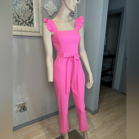 Lilly Pulitzer Women's Pink Ruffle-Shoulder Jumpsuit with Waist Tie - Picture 5 of 11
